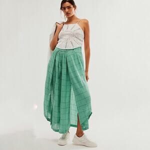 Free People Turquoise Lunar Cove Plaid Split Leg Pants Sz L NWOT